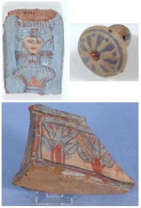 Dynasty 18, Painted blue, red, pink and black, handle with head of Hathor, ear stud and sherd from box UC15941, 38280 and 2312 - Copyright of the Petrie Museum of Egyptian Archaeology, UCL